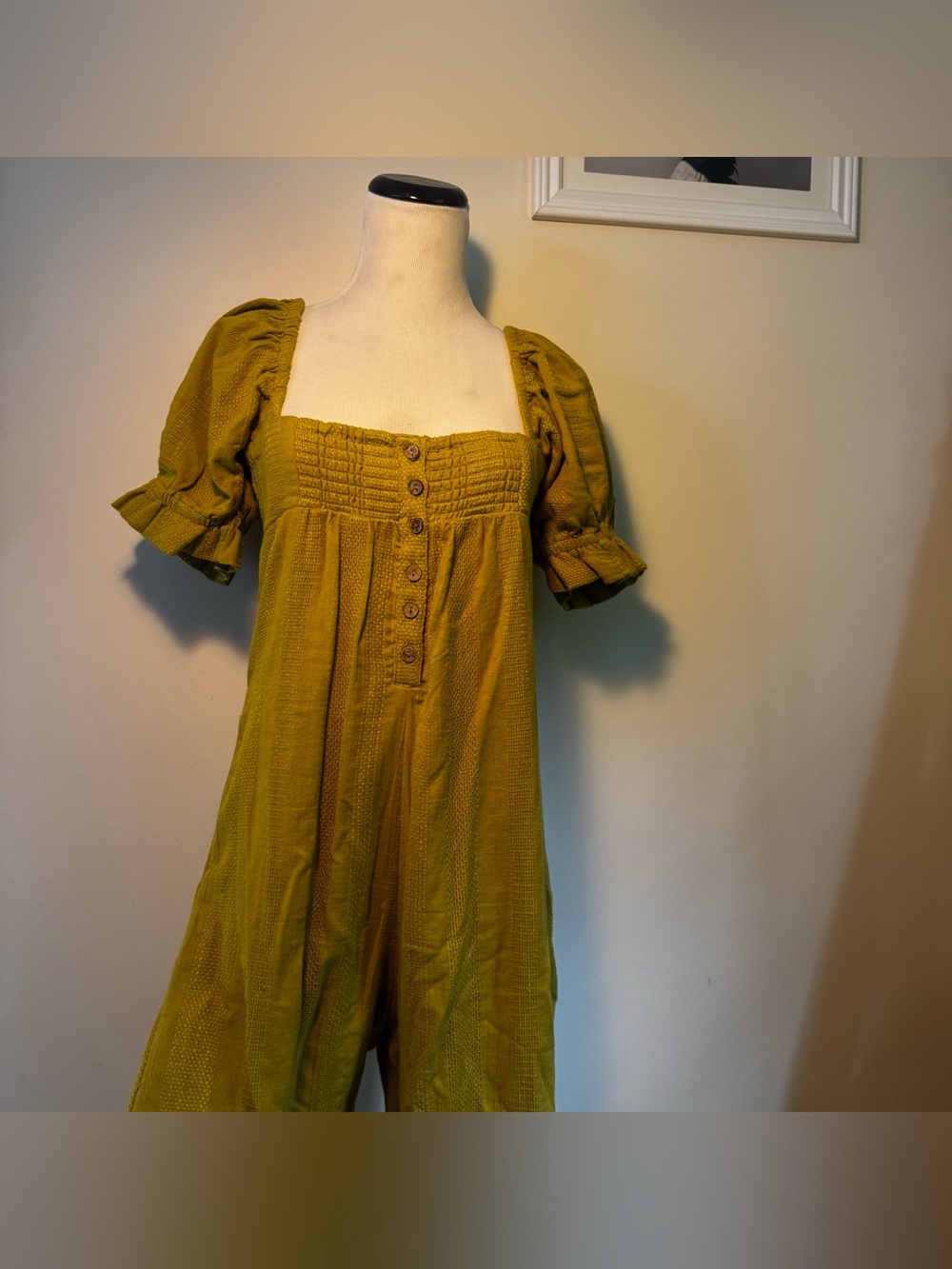 Free People mustard smocked jumpsuit